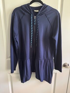 LOGO by Lori Goldstein Navy Zip-Up Hooded Cardigan with blue tabs. Pockets. NWOT